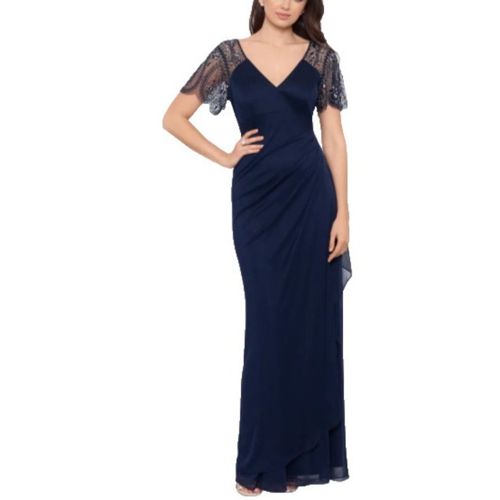 Xscape Formal Dress Navy Blue 12 Beaded Ruffle Wedding Cruise Mother Bride New